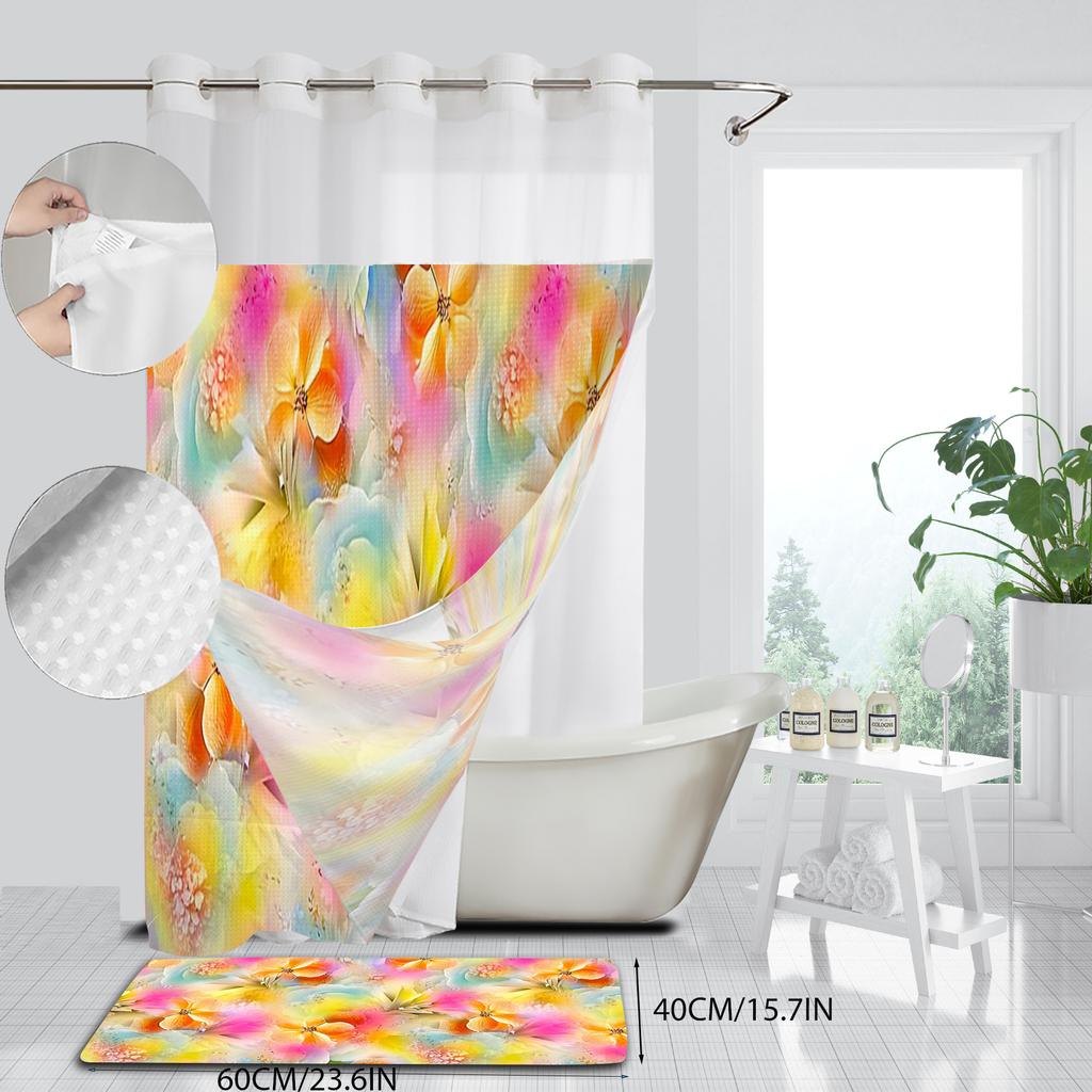 No Hook  Floral Pattern Shower Curtain With Snap-In Fabric Liner, Sheer Top Window, Waterproof Double Layer Bathtub Curtain