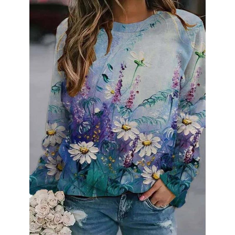 

Круглый вырез с принтом 3D цветов и растений, модные повседневные женские футболки с длинными рукавами S
