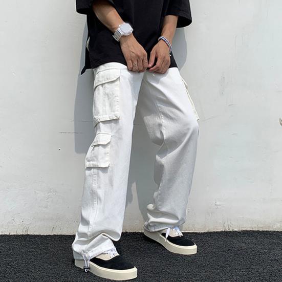 Men Cargo Pants Solid Color Hip-hop Style Loose Pattern Multi Pockets Elastic Waist Men Trousers Daily Clothes
