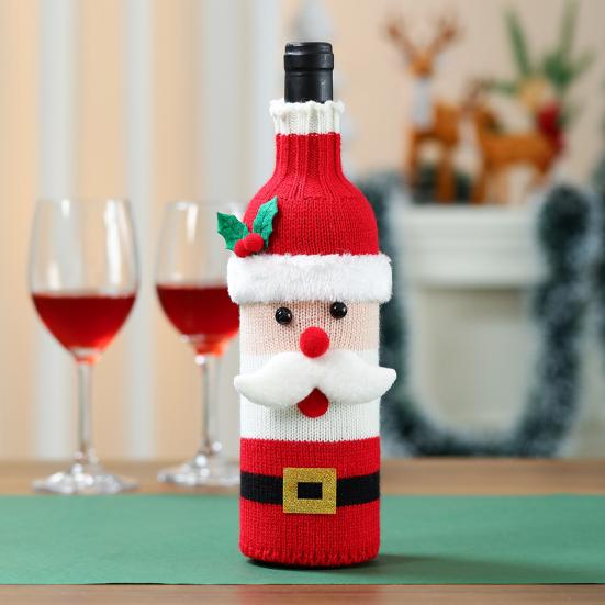 Christmas Wine Sweater Cover Handmade Knitted Cartoon Santa Snowman Reindeer Bottle Sleeve for Winter Dining Table Decoration