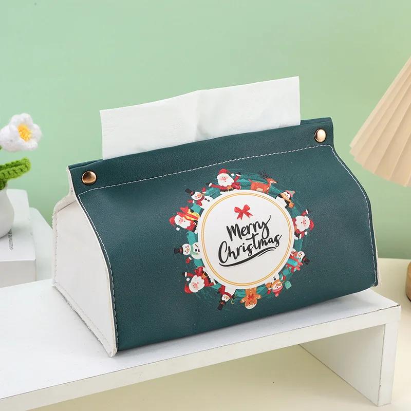 Limited Edition Christmas Printed Tissue Box Flat Mouth PU Leather Paper Box Household Accessory Christmas Style