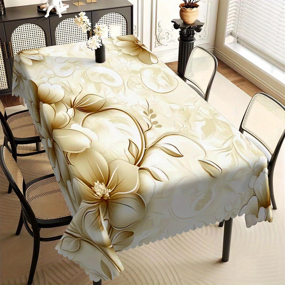 Elegante Beige Bloemige Tafelkleed, Grote Crème Bloemenprint, Golvende Rand, Vlekbestendig, voor Eetkamer & Romantische Huisdecoratie 140x140cm