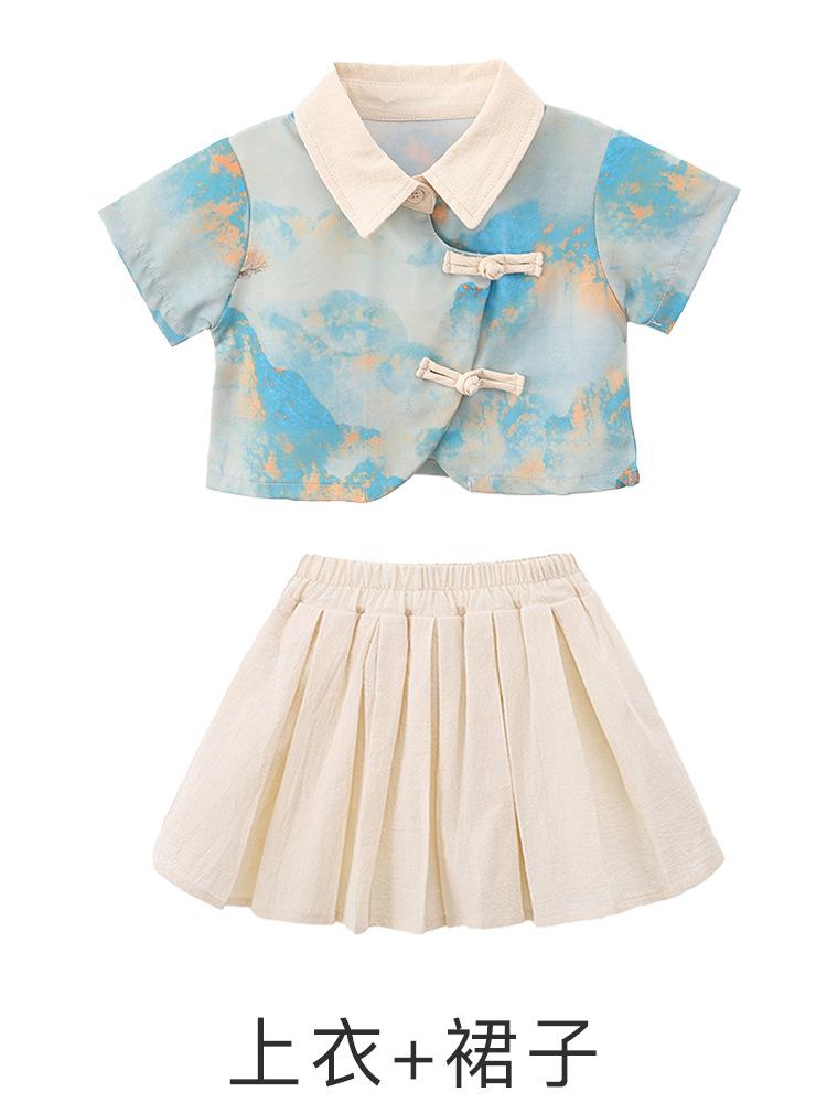 Children, Performance Clothes, Kindergarten Dance Costumes, Landscape Painting, Short-Sleeved Girls' Pleated Skirts