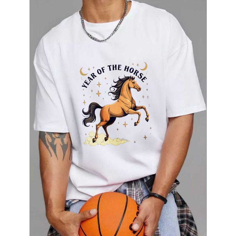 

Белая футболка с принтом Год Лошади, с дизайном из золотых звезд и луны, для повседневной носки S