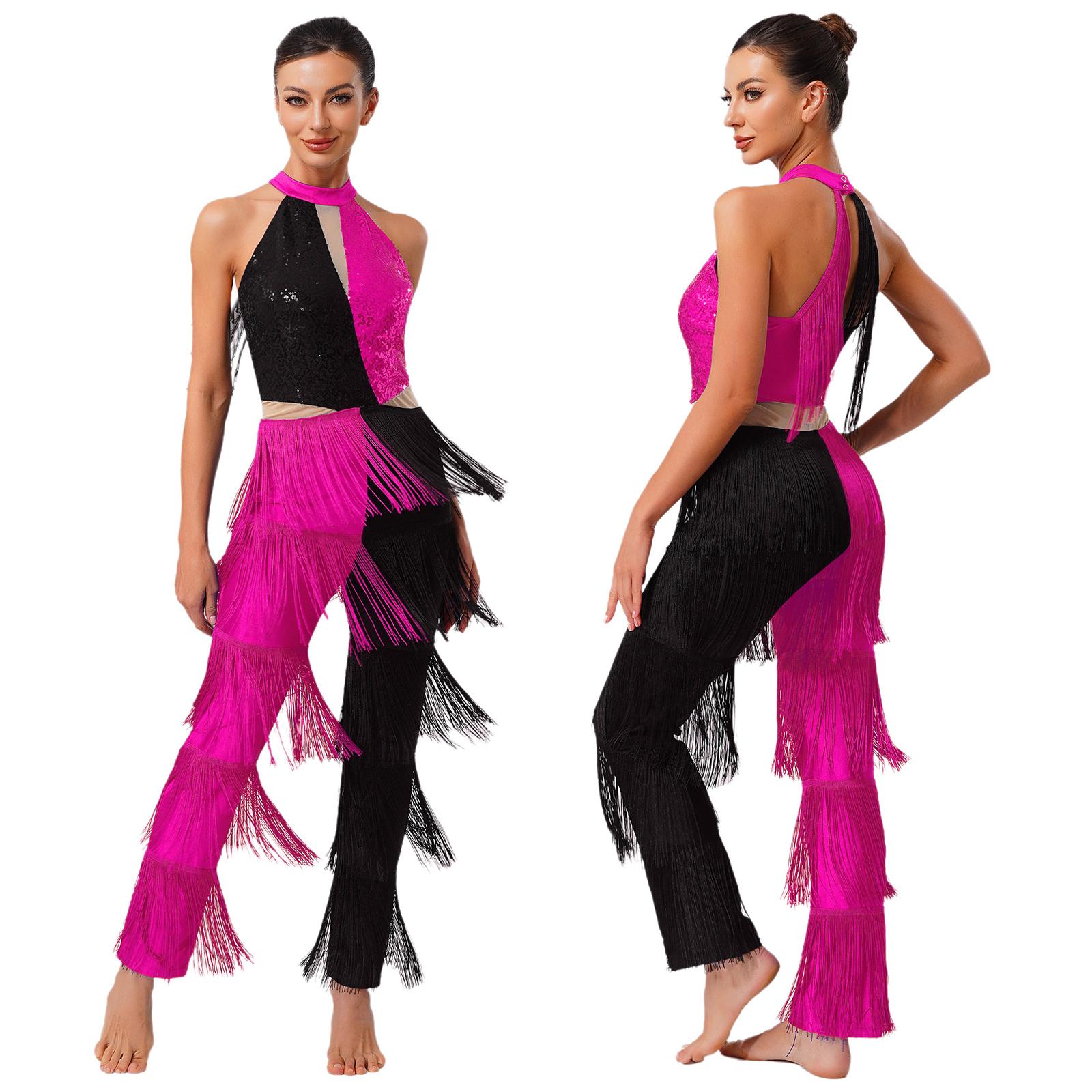 

Womens Vintage Disco Tassel Jumpsuit Shiny Sequin Patchwork Sleeveless Tiered Fringe Rompers Latin Dance Performance Costume S