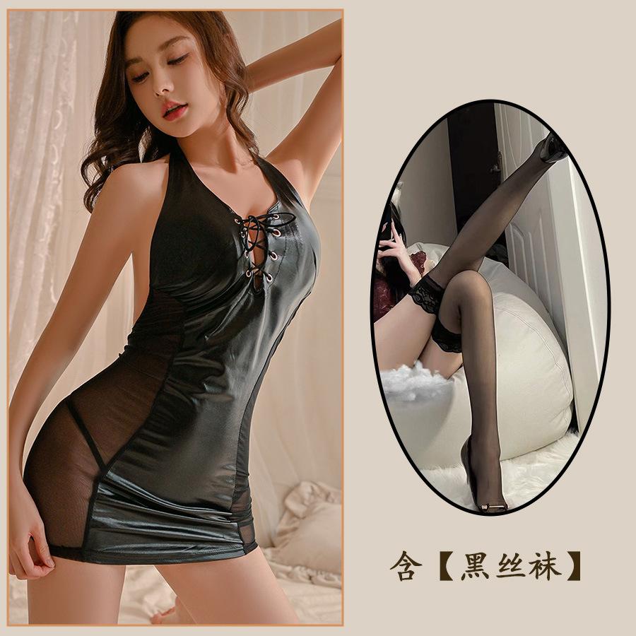 Sexy Underwear, Sexy Neck-hanging Milk Mesh Stitching Leather Skirt, Passionate, Hot Hip-wrapping Scheming PU Tight Skirt