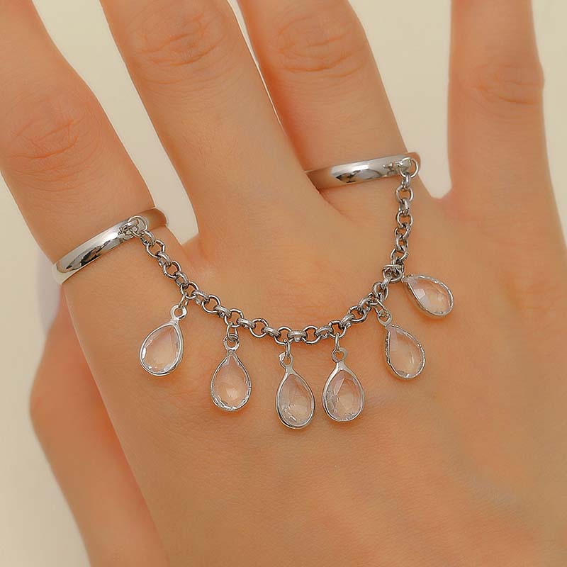 Fashion Crystal Tassel Chain Ring for Women Girls Geometric Gold Silver Color Adjustable Double Finger Rings Jewelry Accessories
