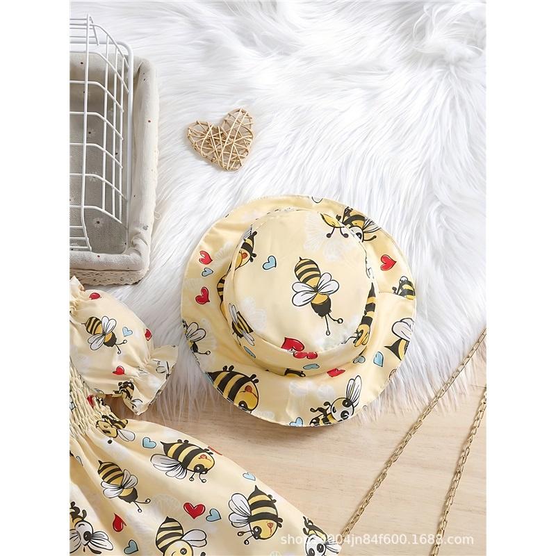 Modisches Prinzessinnenkleid für Mädchen Sommer Kinderkleid mit Bienenprint und süßem Hut