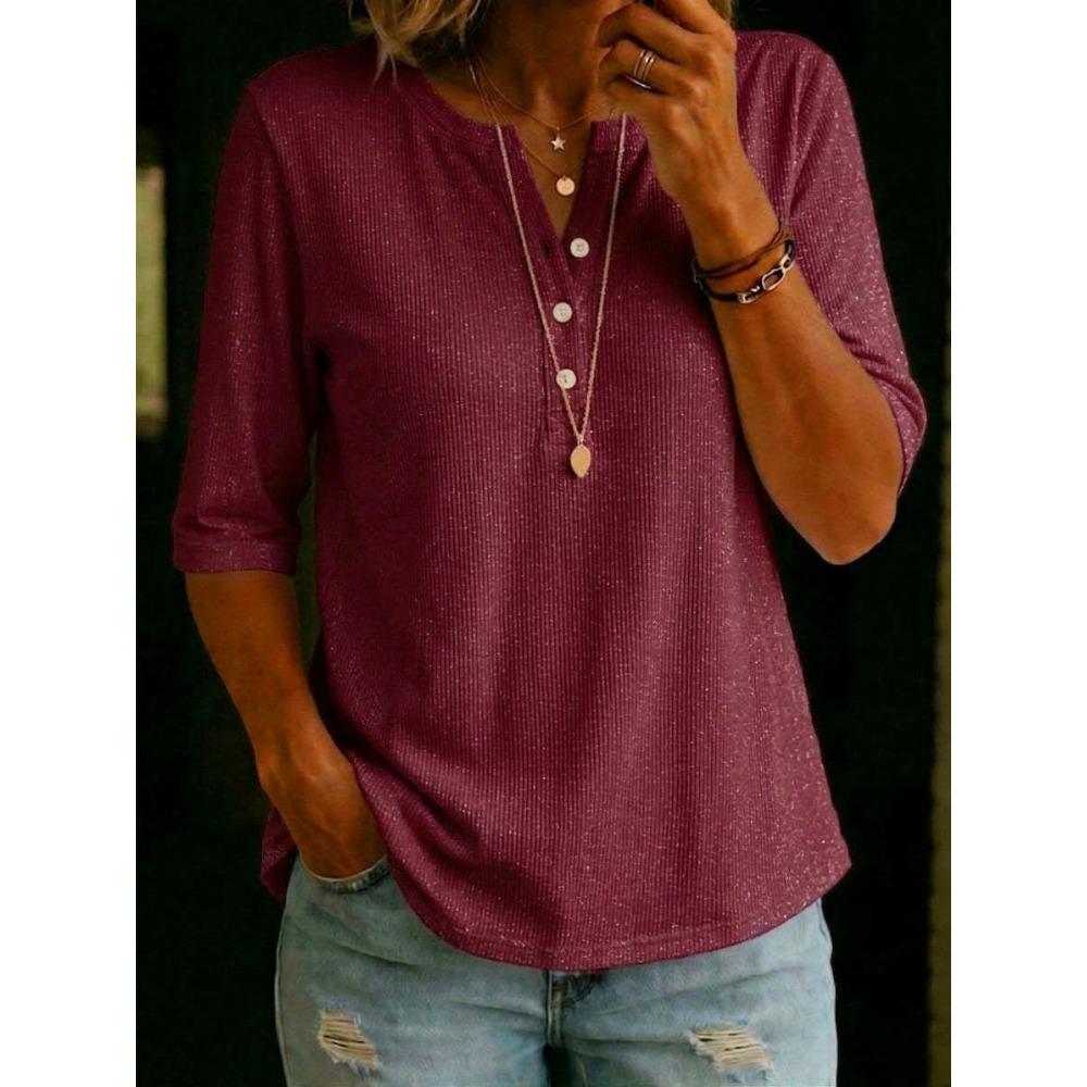 Damen Henley-Hemd mit V-Ausschnitt, Dreiviertelärm, locker, lässige Bluse