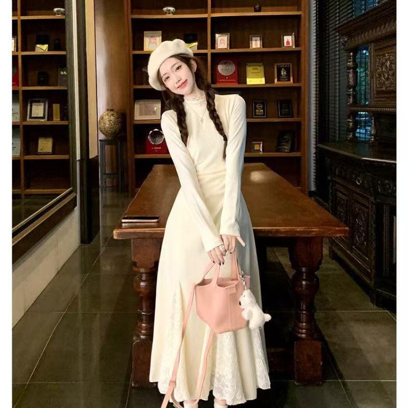 Small knitted dress long-sleeved lace splicing fishtail skirt waist half-high neck inner skirt