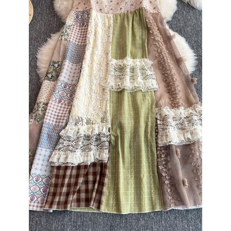 Yunnan Tourism Seaside Vacation Style Vintage Floral Splicing Sling Dress Female Summer Small Loose Long Dress