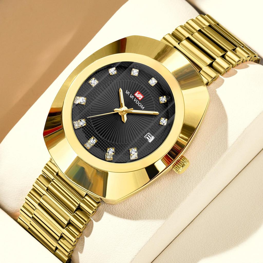 Gold Diamond-Set Waterproof Quartz Couple Watch with Steel Band