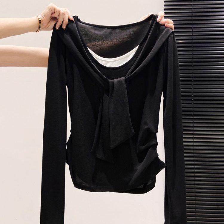Korean Style Faux Two-Piece Long-Sleeve Shawl T-Shirt for Women - Spring/Autumn Layering Top