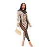 Women's Summer Mesh See Through Tight Print Patchwork Long Sleeve Jumpsuit
