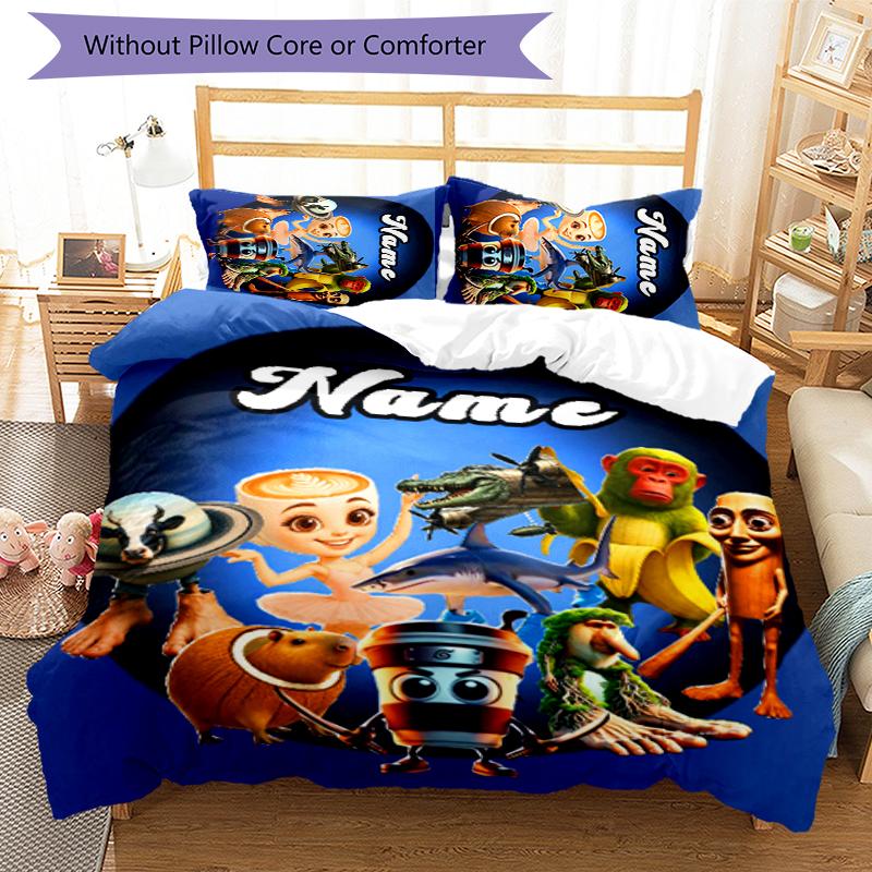 3pcs Custom Name Cartoon Italian Brainrot Animal Bedding Set Duvet Cover Closure Includes 1 Duvet Cover & 2 Pillowcases for All Seasons Bedroom Decor