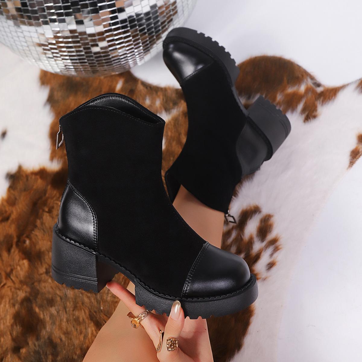 

2025 осень большой размер новые ботинки Мартин круглый носок задняя молния толстый высокий каблук женская обувь маленькие женские ботинки Мартин 42 чёрный