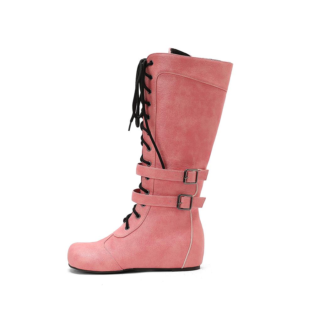 White Brown Women Mid Calf Boots Med Wedge Heel Big Size 50