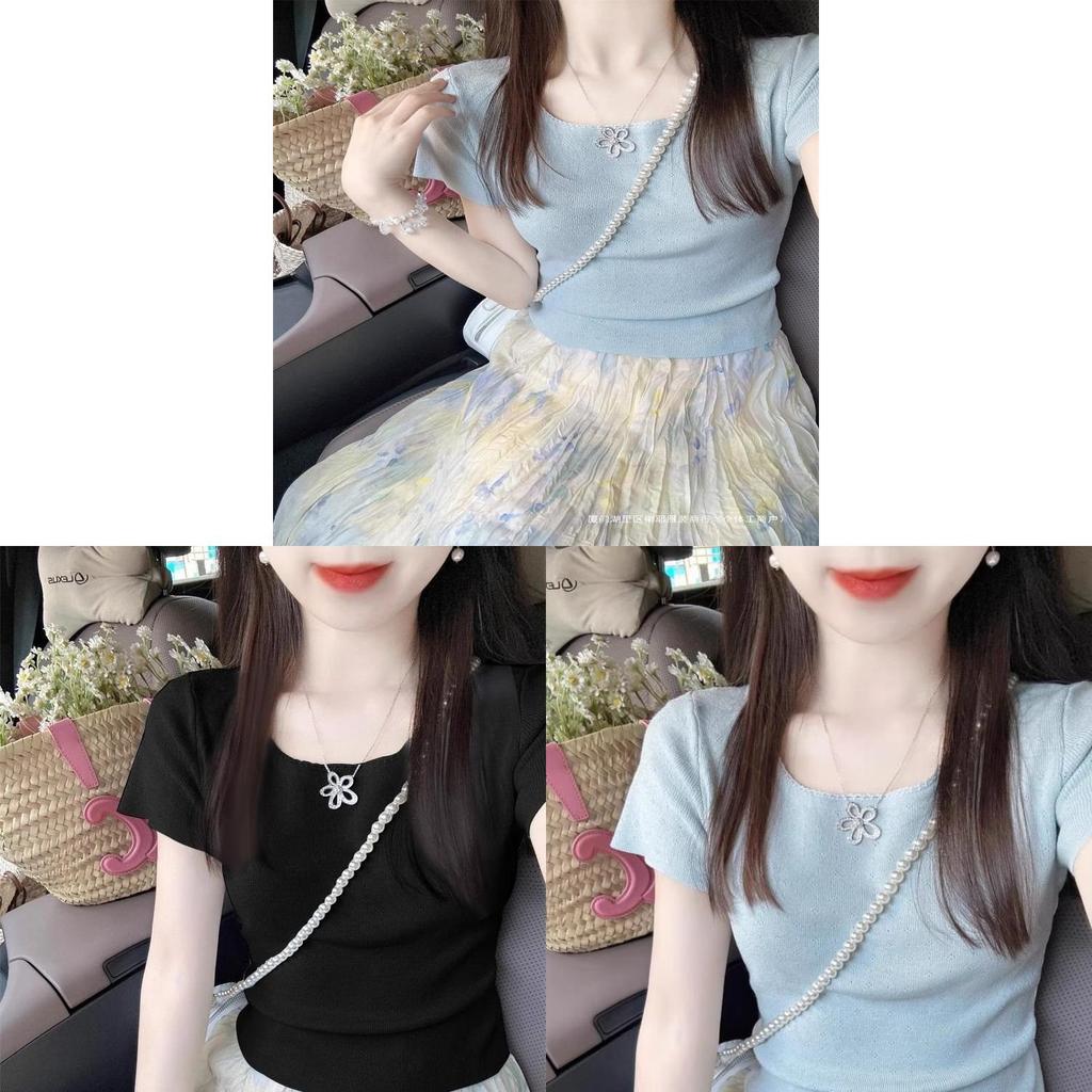 Pure Blue Ice Silk Sleeveless Short Sleeve Top For Summer Women