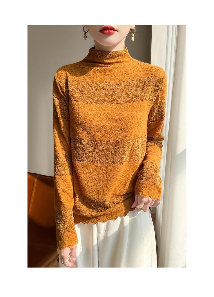Women's Chic High-Neck Lace Trim Jacquard Knit Sweater