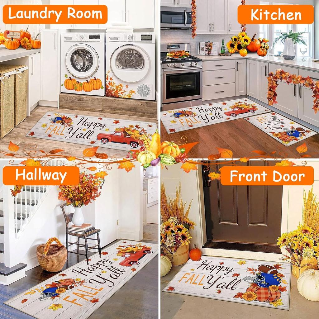 Fall Thanksgiving Red Truck Pumpkin Kitchen Rugs Decor Autumn Harvest Kitchen Hallway Floor Mat Bath Non-slip Doormat Decoration