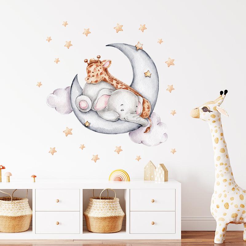 Goodnight Moon Baby Elephant and Deer Cartoon Wall Stickers, Self-Adhesive Cute Animal Decor for Kids Room Decoration