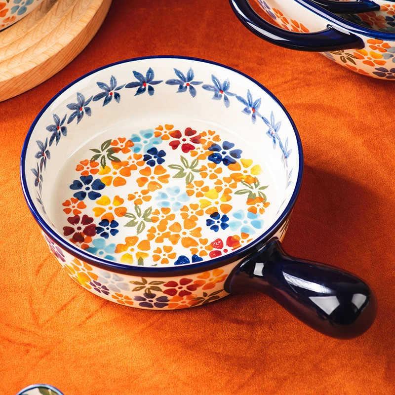 Creative Hand-painted Relief Handle Ceramic Baking Pan Bowl Cheese Baked Rice Tableware Binaural Oven