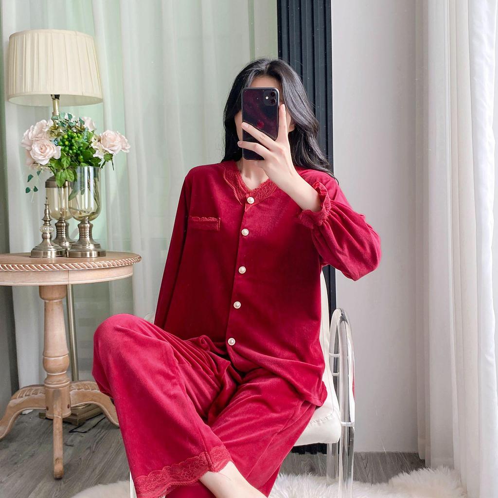 Women's Retro Noble Red Sea Island Cotton Fleece Pajamas - Thick Long Sleeve & Pants for Autumn/Winter
