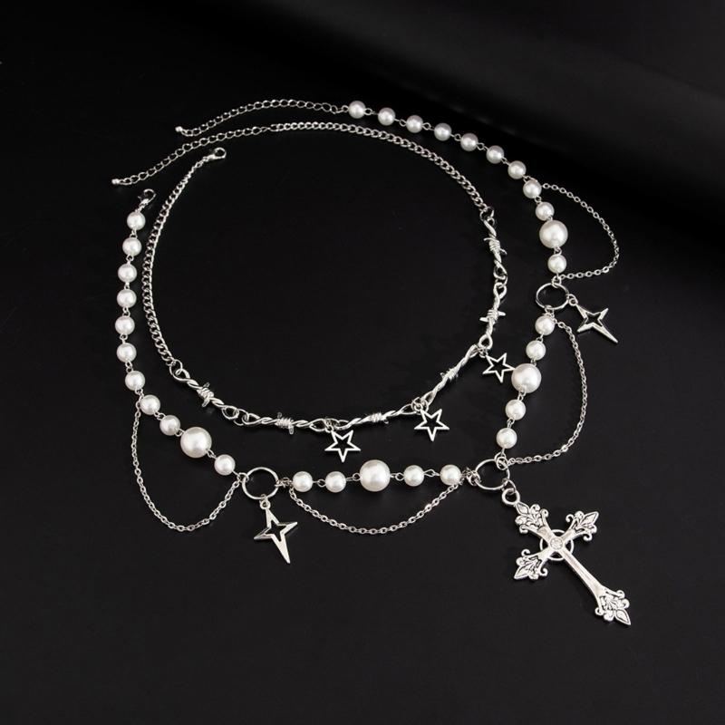 2pc Elegant Crosses Pearls Necklace Versatile Crosses Pendant Pearls Necklace Jewelry for Faithful Fashionistas