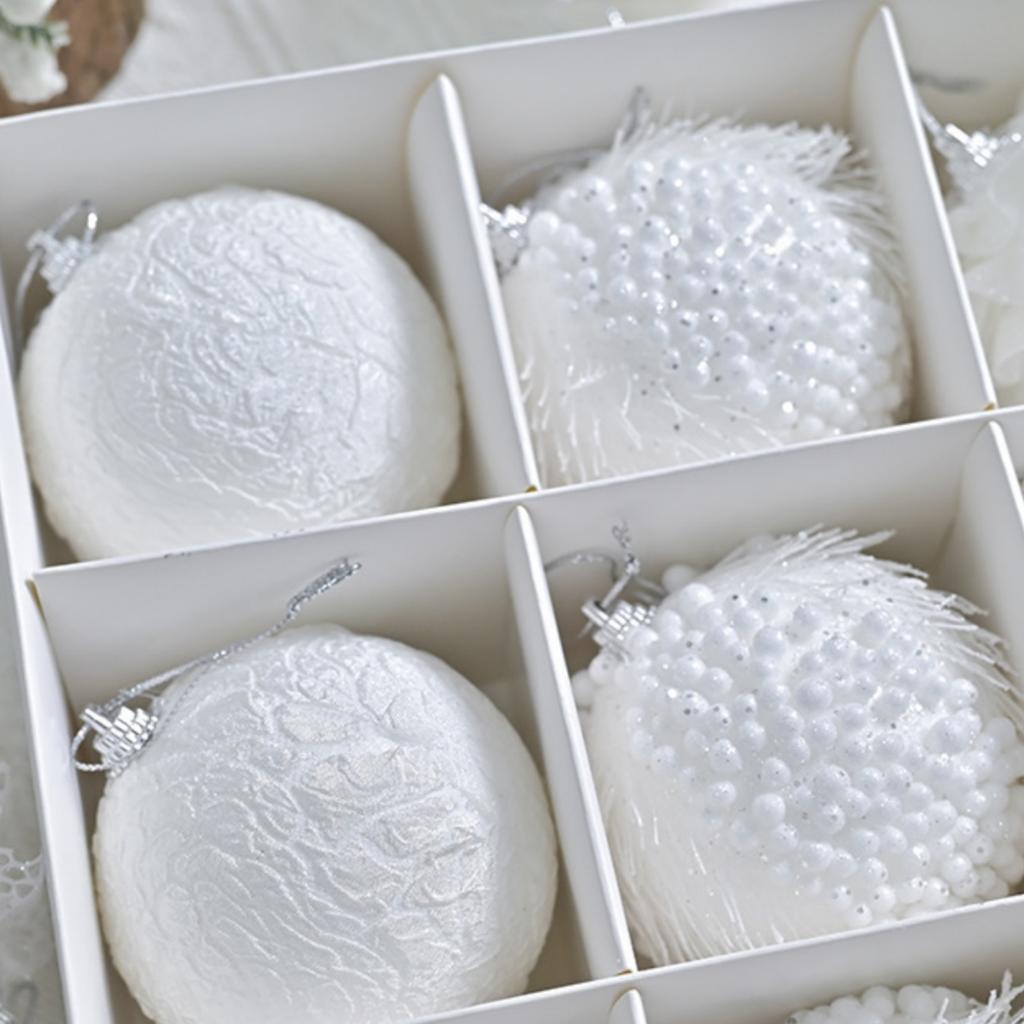 12pcs 8cm Exquisite High-end Snow White Lace Christmas Ball Ornaments Christmas Tree Hanging Decorations Gift Box Set