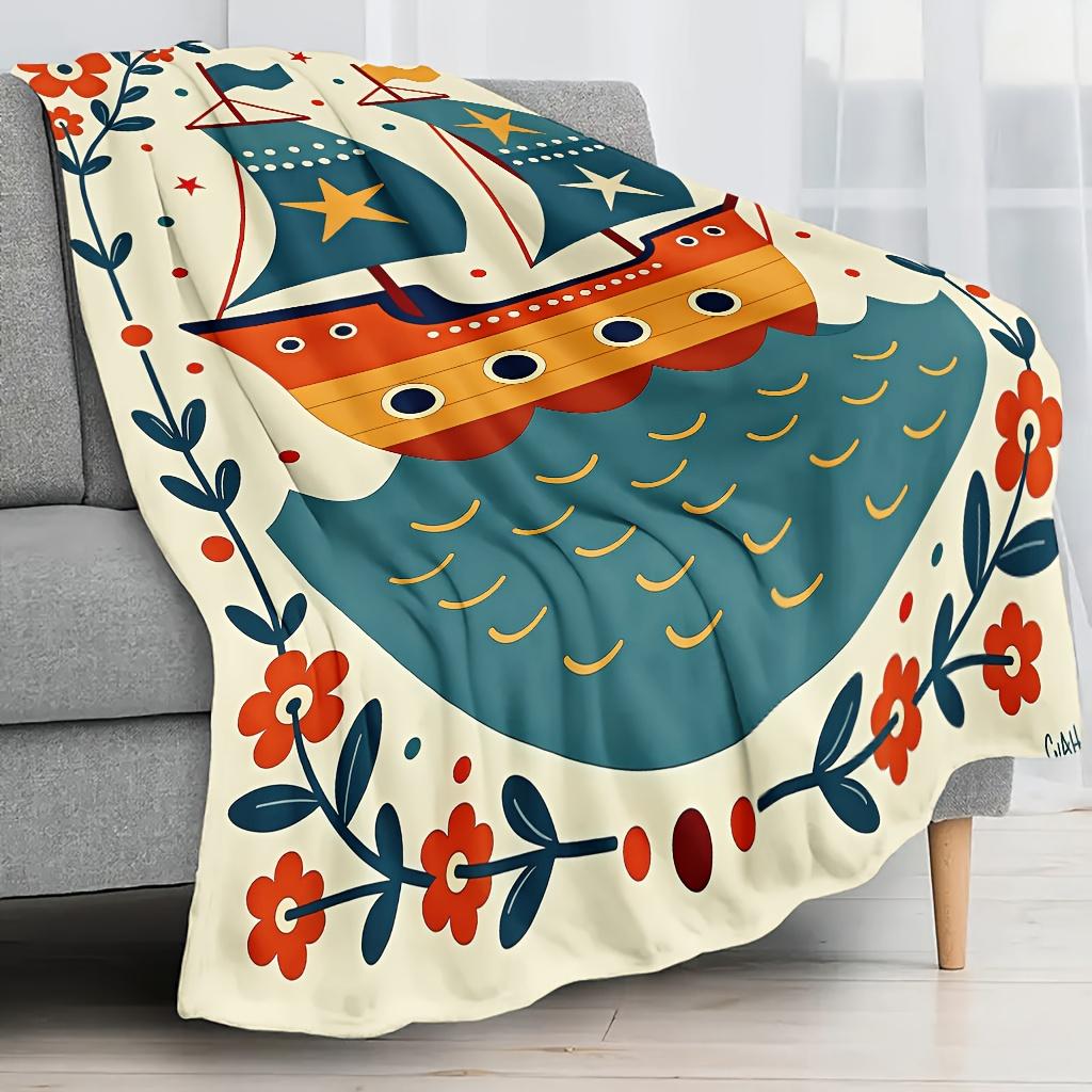 Soft Nautical Theme Fleece Blanket - All-Season 100% Polyester Bedspread with Maritime Design (Sailing Ships, Anchors, Lighthous