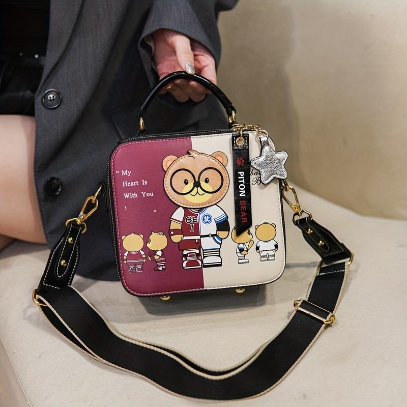 Mini Cute Bear Pattern Handbag, Cartoon Square Crossbody Bag, Multi Layer Shoulder Bag For Women
