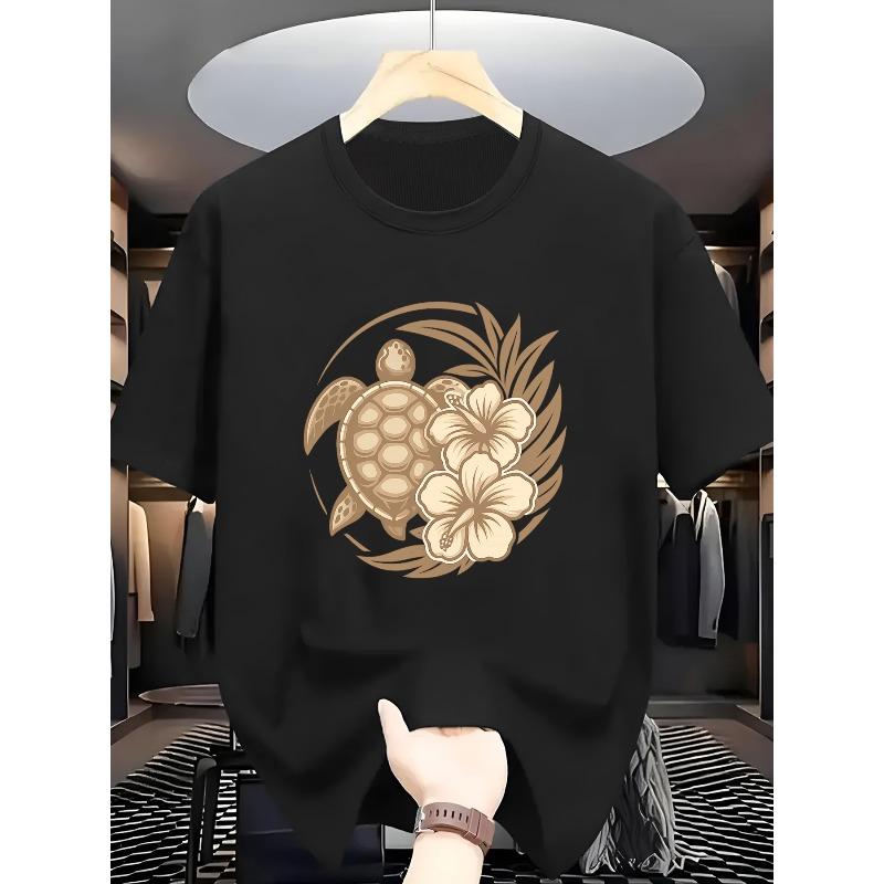 European sizes Men's T-Shirt with Sea Turtle and Hibiscus Flower Pattern, Crew Neck Short Sleeve, Comfortable Casual Short-Sleeved T-Shirt