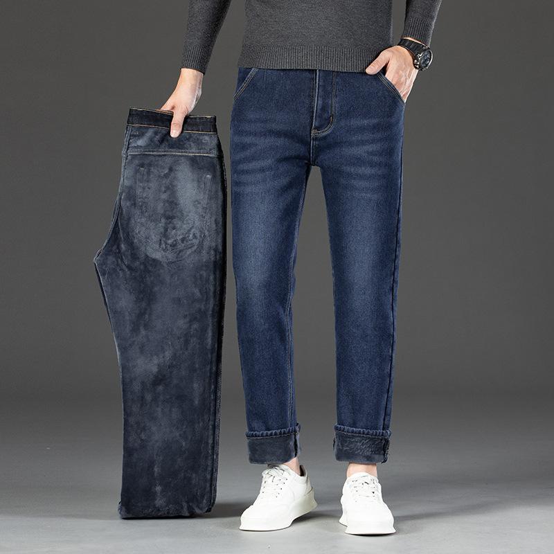 Autumn And Winter Elastic Fleece Warm Jeans Men'S Business Loose Straight Leg Pants Winter Casual Plus Plus Size Men'S Pants