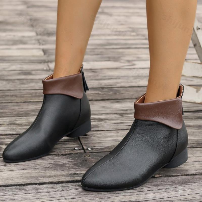 Fashion Women Ankle Boots 2025 Autumn New Low Heel Fashion Soft Leather Matching Color Short Boots Retro Back Zipper Design Office Boots