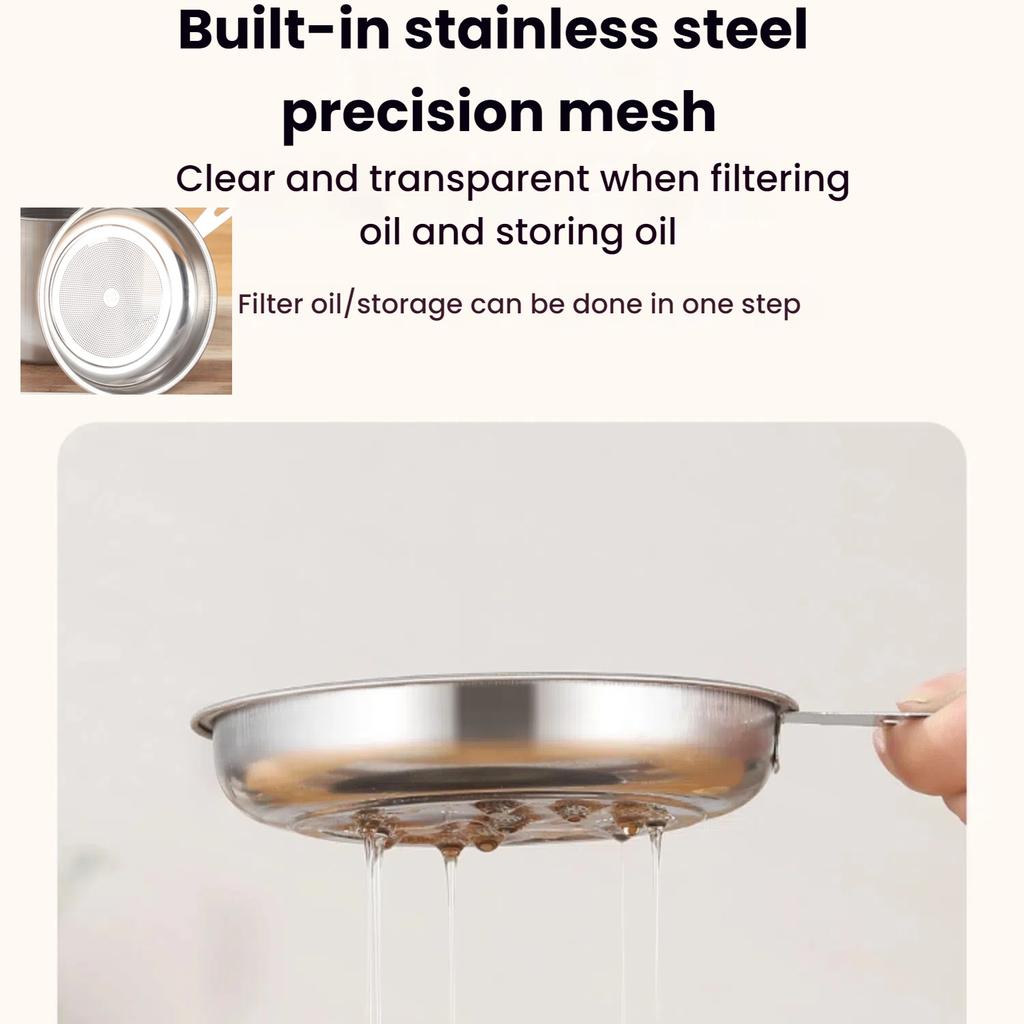 1.3L Stainless Steel Grease Filter Container, Easy-Clean Oil Bottle with Lid & Strainer, High Temp Resistant.