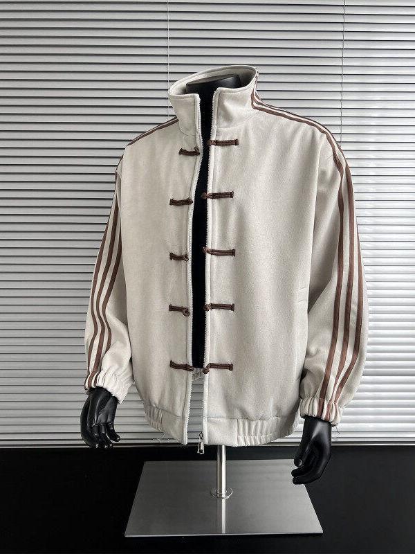 Men's Autumn Blue & White Patchwork Three-Stripe Stand Collar Jacket with Frog Buttons - New High-End Chinese Tang Suit Style.