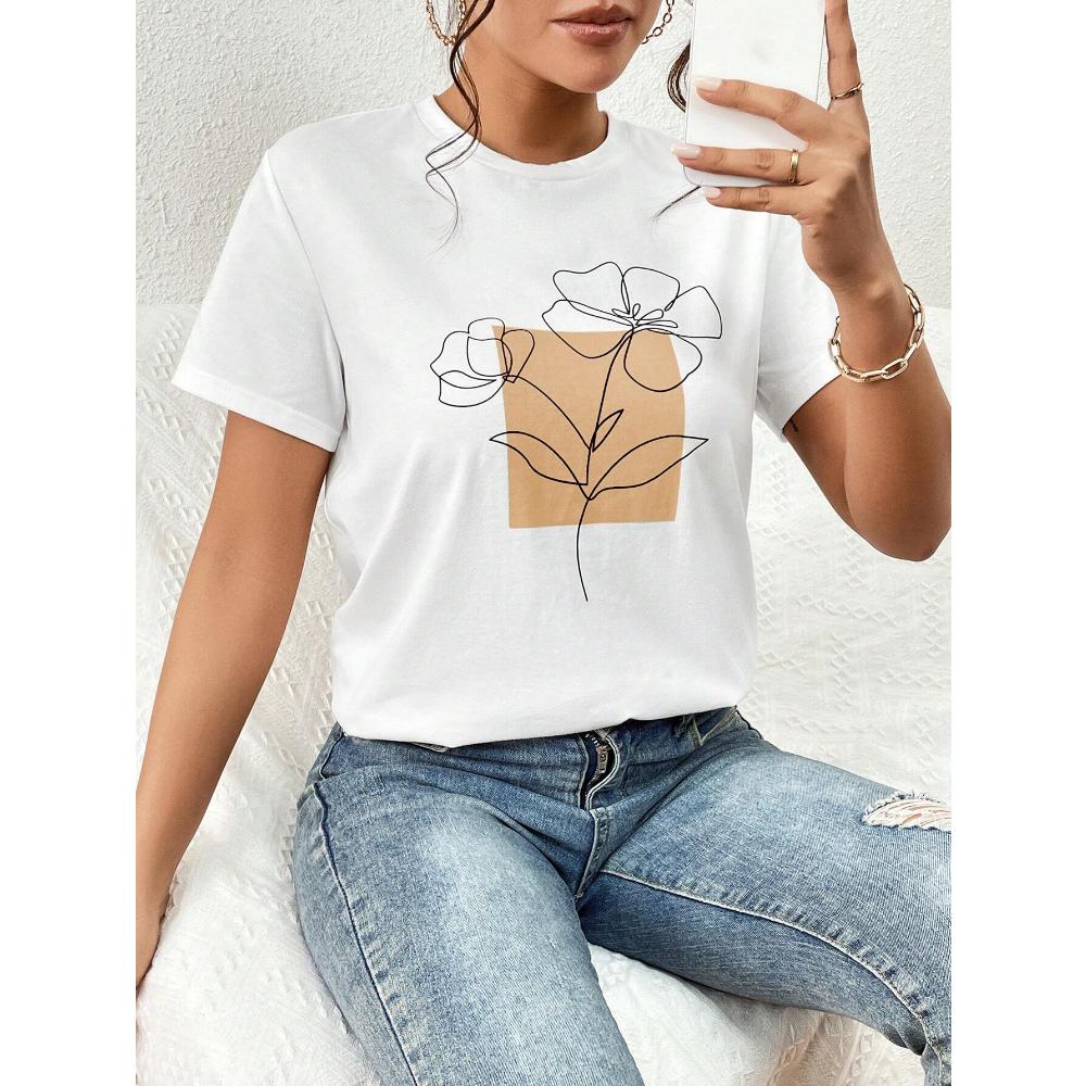 Dámské tričko Essnce Casual Fit Květinový potisk s kulatým výstřihem Krátký rukáv, Vhodné na léto