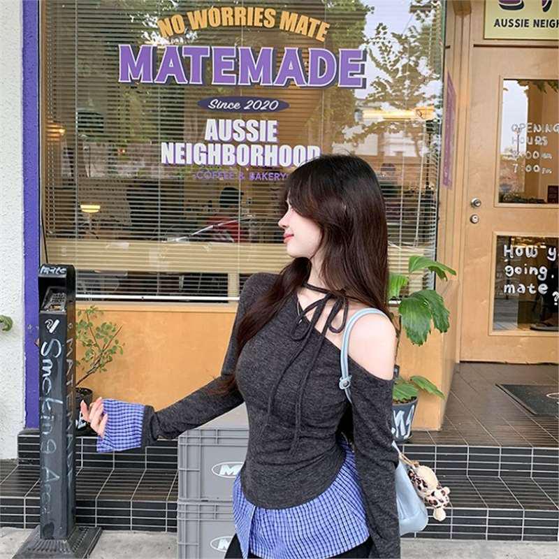 Knitted Off-Shoulder Halter Neck Women's Top - Korean Style Short Sleeve for Autumn/Winter