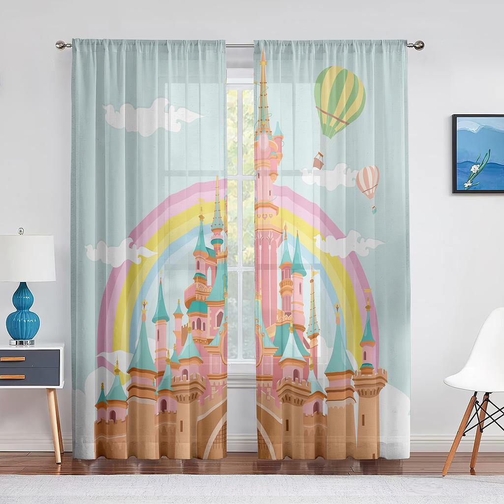 Růžový pohádkový hrad v oblacích Průsvitné závěsy do obývacího pokoje Voálový závěs Dětská ložnice Tylové závěsy Okenní závěsy Dekor