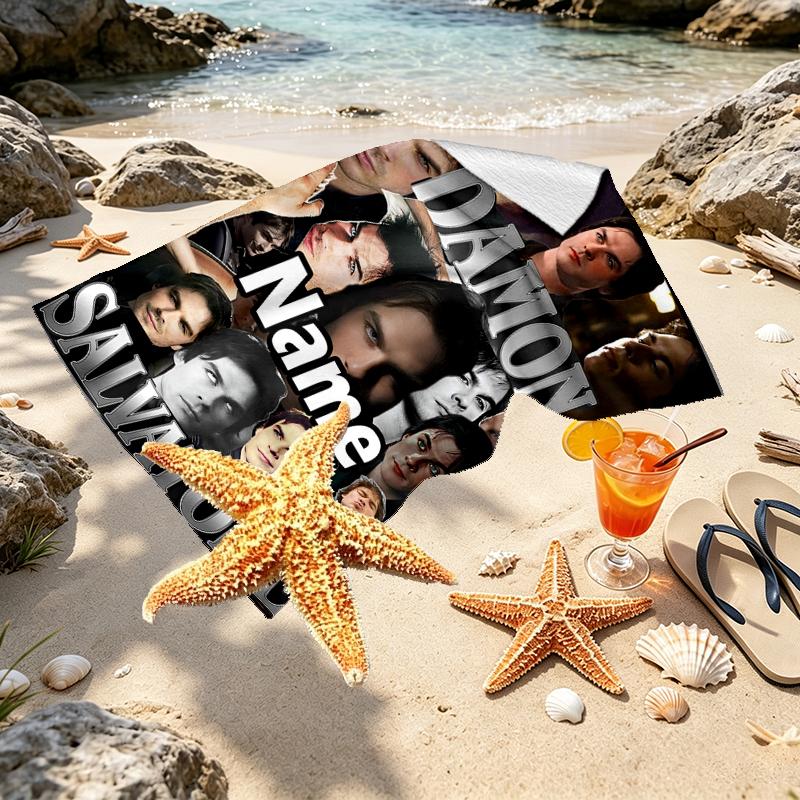 Custom Name Personalized Damon Salvatore Print Beach Towel, for Trip Camping Beach Party Home Decor, Birthday Gift for Family & Friends