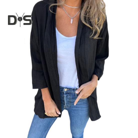 Women Coat Loose Fit Basic Collar Long Sleeve Top Solid Color Open Front Outwear Spring Autumn Casual Daily Wear