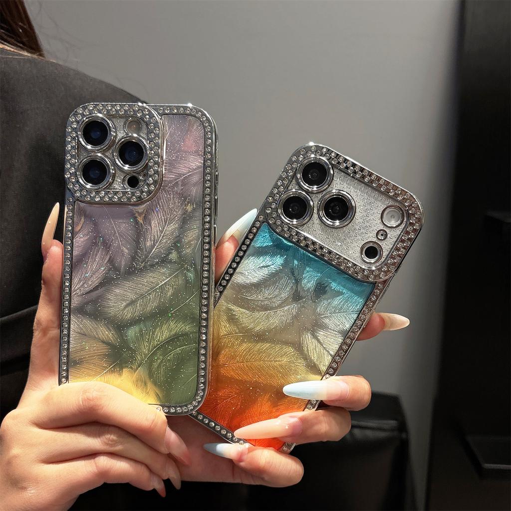 Bling Glitter Diamond Gradient Penas Pattern Plating Case For iPhone 17 16 15 14 13 17 Pro Max Lens Protective Shockproof Cover