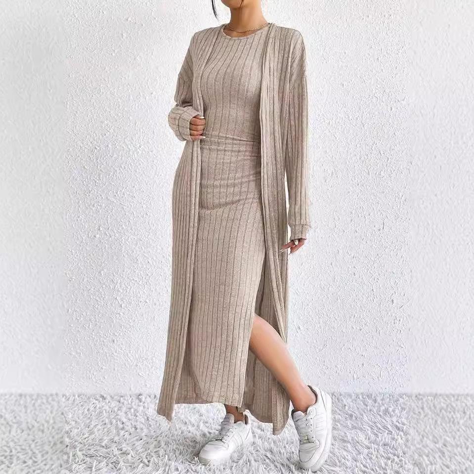 Spot Hot-selling Women's Clothing European Beautiful Women Autumn Fashion Vest Dress Long Sleeve Long Coat Two-piece Set