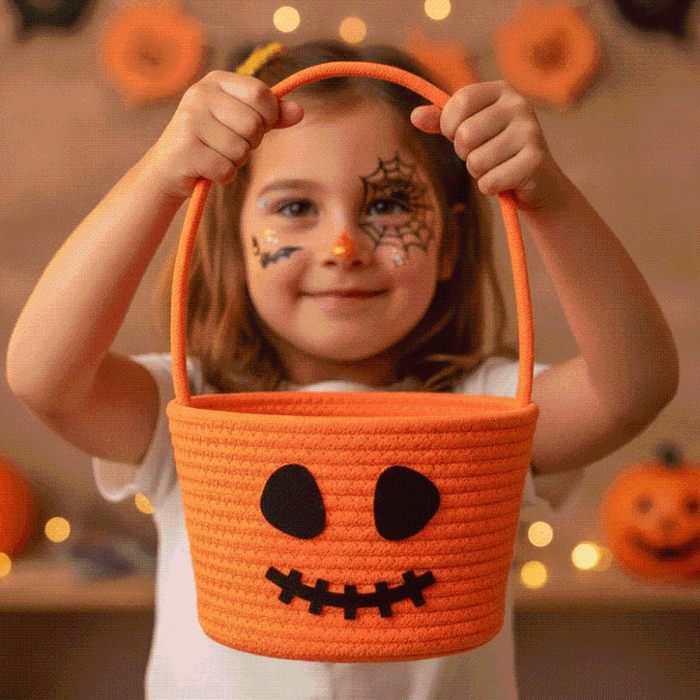 Braided Pumpkin Candy Bucket Orange Trick Treat Tote Kids Gift Hamper Woven Storage Pouch Teachers