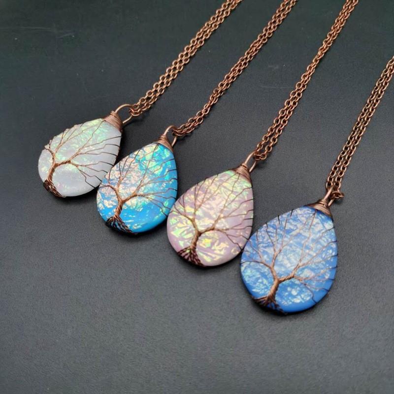 Vintage Handmade Copper Wire Water Drop Necklace Pendant With Wave Pattern For Women