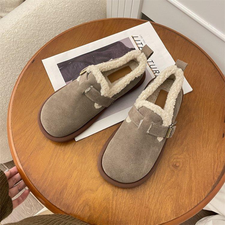 Korean Version 2025 Winter Velvet Warm Snow Cotton Shoes Round Head Thick Sole Shallow Mouth One Pedal Lazy Loafer Cotton Shoes