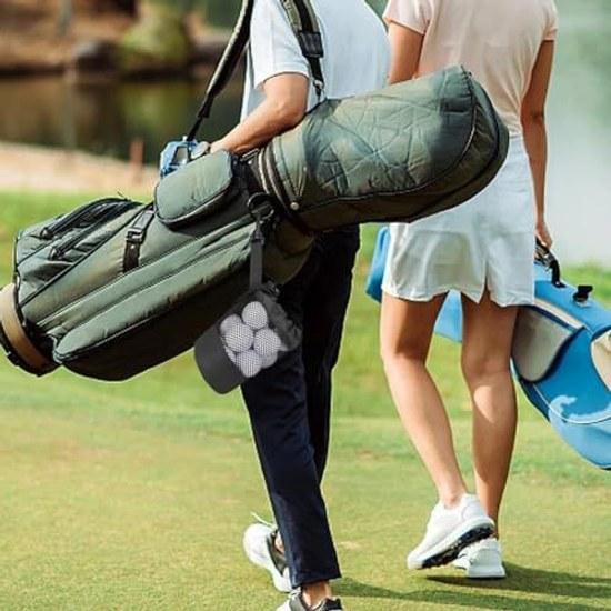 Golf Ball Case Pouch Holds 20 Balls 16.5cm 14cm Mesh Drawstring Carabiner Black Storage Bag.