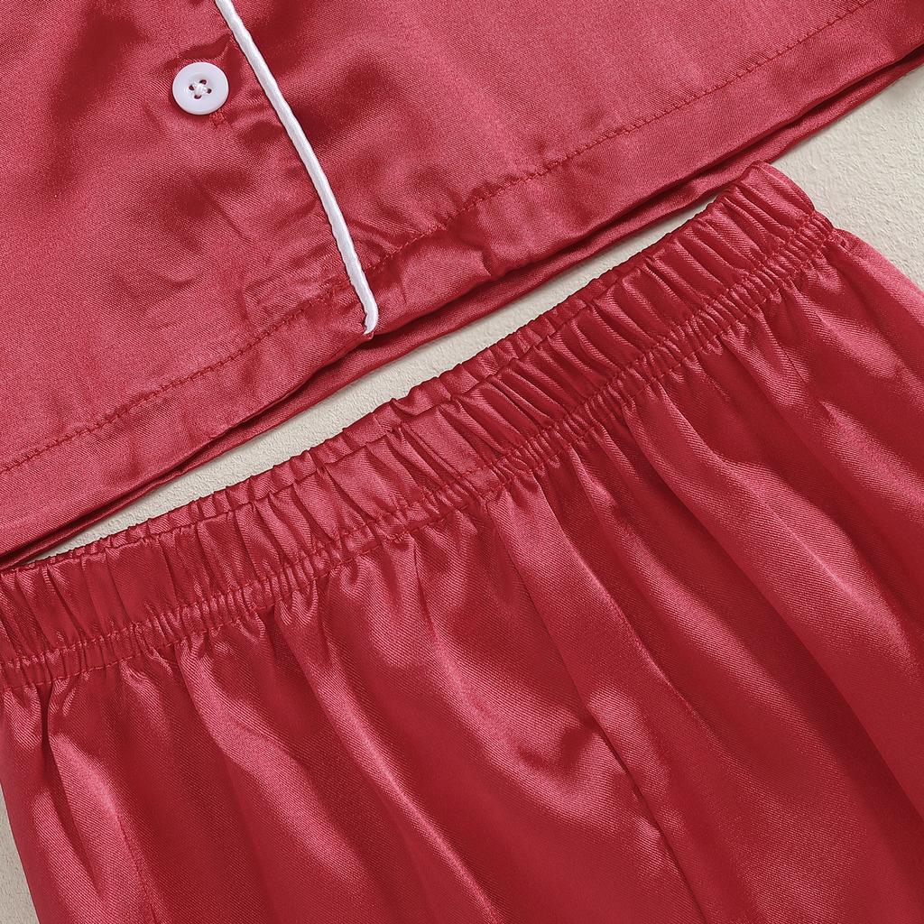 Kids Pajama Sets Contrast Color Trim Long Sleeve Lapel Neck Button-up Tops Long Pant Loungewear Set