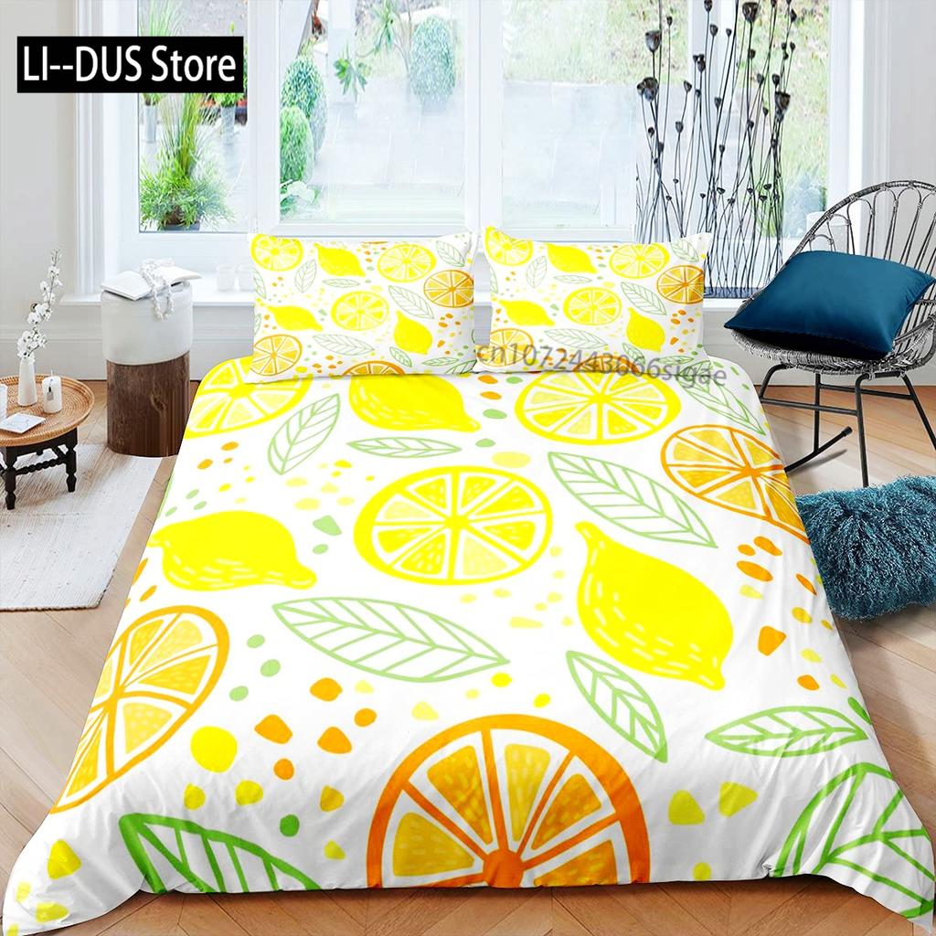 Nature Bedspread Lemon Tree Branches Gardening Design Decorative Quilted 3 Piece Coverlet Set with 2 Pillow Shams Full Size