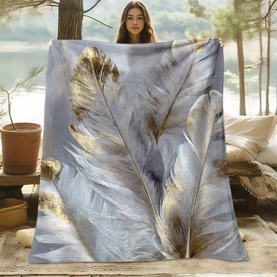 Golden Feather Fleece Blanket Boho Print Throw Soft Warm All Season Bedding Home Decor Gift For Nature Lovers